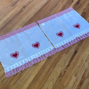 Two Farmhouse White Kitchen Pleated Valances w/Red Gingham Hearts 28” W x 26” L